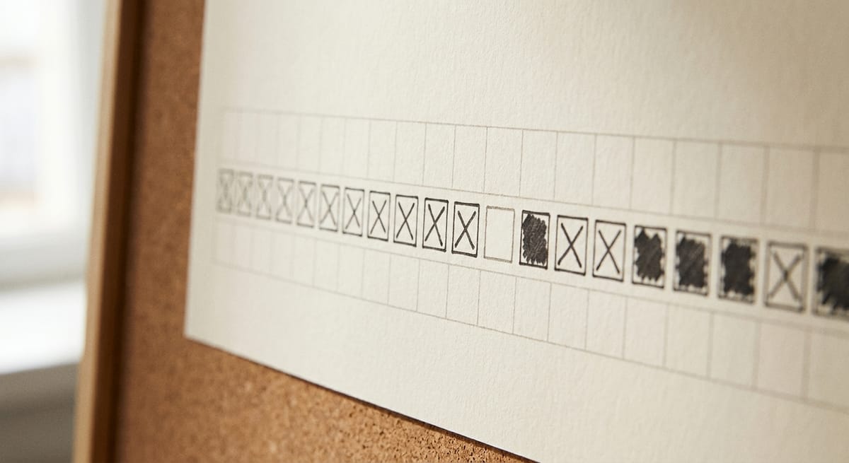 A simple habit tracker grid showing a chain of completed days and one missed square