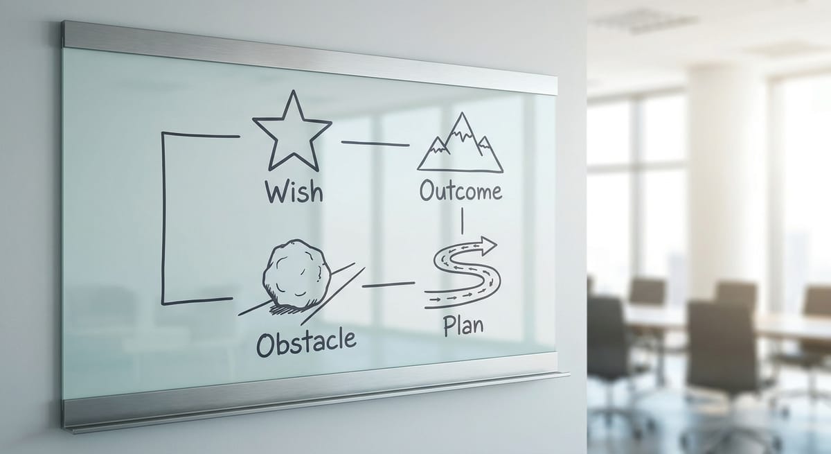 WOOP method framework written on whiteboard — wish outcome obstacle plan