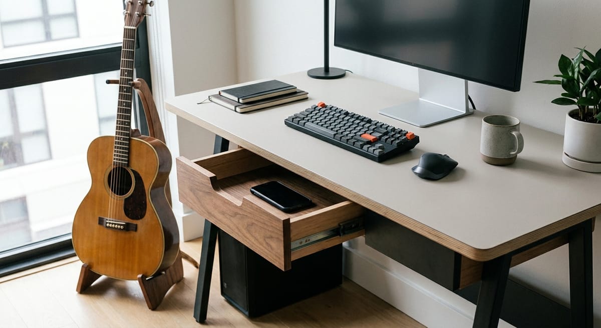 Environment design habits illustrated by a tidy desk with a guitar on a stand and phone in a drawer