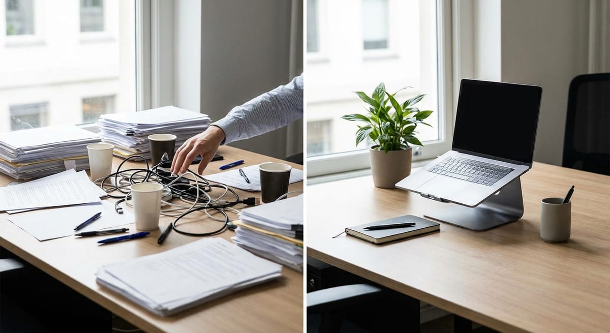 Environmental friction reducing habit formation time — cluttered desk versus organised workspace