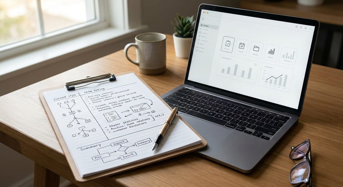 How to take better notes illustrated with a handwritten Cornell-style page beside a laptop