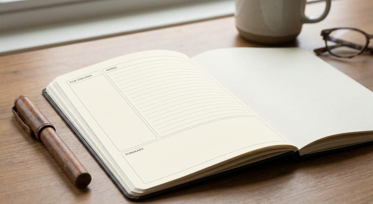 The Cornell note-taking layout with cue column, notes and summary sections
